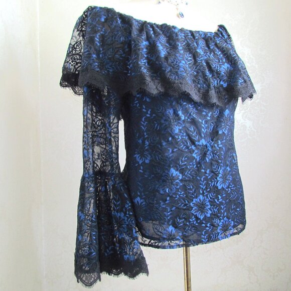 LACE BLOUSE, 8, WHITE HOUSE BLACK MARKET RUFFLE NECK, OFF-SHOULDER, BELL SLEEVES - Picture 7 of 7